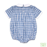 Blue Check Bird House Smocking Short Sleeve Romper