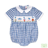 Blue Check Bird House Smocking Short Sleeve Romper