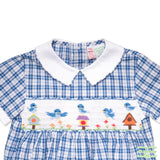 Blue Check Bird House Smocking Short Sleeve Romper