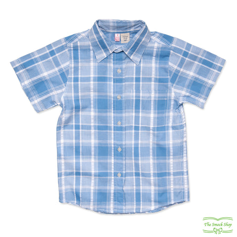 Blue Check Seersucker Short Sleeve Shirt with front pocket (Men's Style)